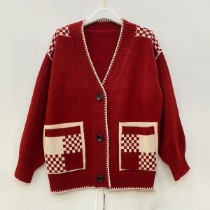 V-neck Plaid Print Colorblock Pocket Knit Sweater Cardigan - Modakawa Modakawa