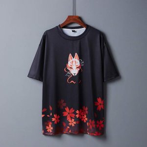 Vintage Sakura Fox Crane Print Casual T-Shirt - Modakawa modakawa