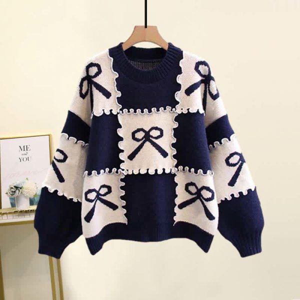 Bow Knot Print Colorblock Sweater Plaid Pleated Skirt Two Pieces Set - Modakawa modakawa