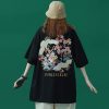 Vintage Crane Blossom Print Round Collar Casual T-Shirt - Modakawa modakawa
