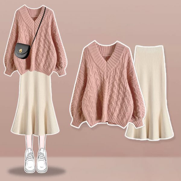 V-neck Cable Sweater Fishtail Skirt Two Pieces Set - Modakawa modakawa