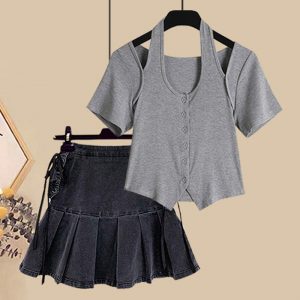Casual T-Shirt Lace Up Pleated Denim Skirt Set - Modakawa modakawa