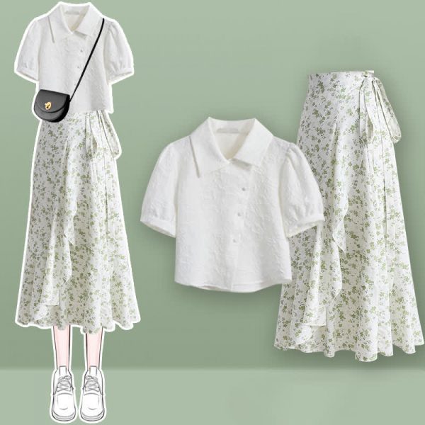 Puff Sleeve Lapel T-Shirt Floral Print Skirt Two Pieces Set - Modakawa modakawa