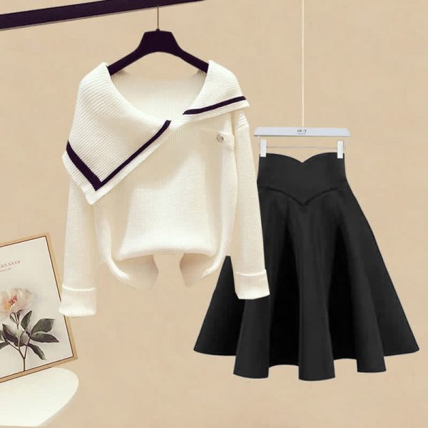 Irregular Sailor Collar Knit Sweater Pleated Skirt Two Pieces Set  - Modakawa modakawa
