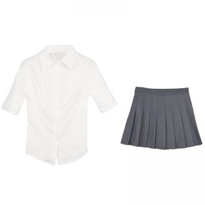Pure Color Lapel T-Shirt Pleated Skirt Two Pieces  - Modakawa modakawa