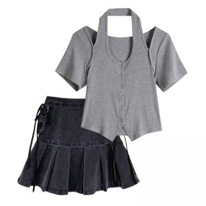 Casual T-Shirt Lace Up Pleated Denim Skirt Set - Modakawa modakawa