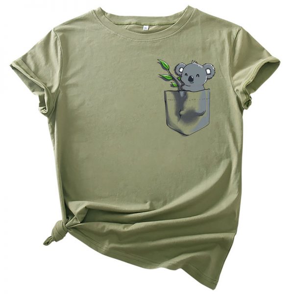 Koala Pocket Print  Round Collar T-Shirt - Modakawa Modakawa