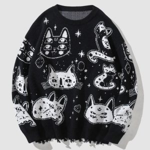 Cartoon Cat Print Loose Sweater - Modakawa modakawa