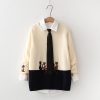 Kitty Embroidery Sweater Tie Shirt Two-Piece Set - Modakawa Modakawa