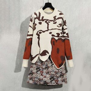 Cartoon Bear Print Sweater High Waist Skirt Set  - Modakawa Modakawa
