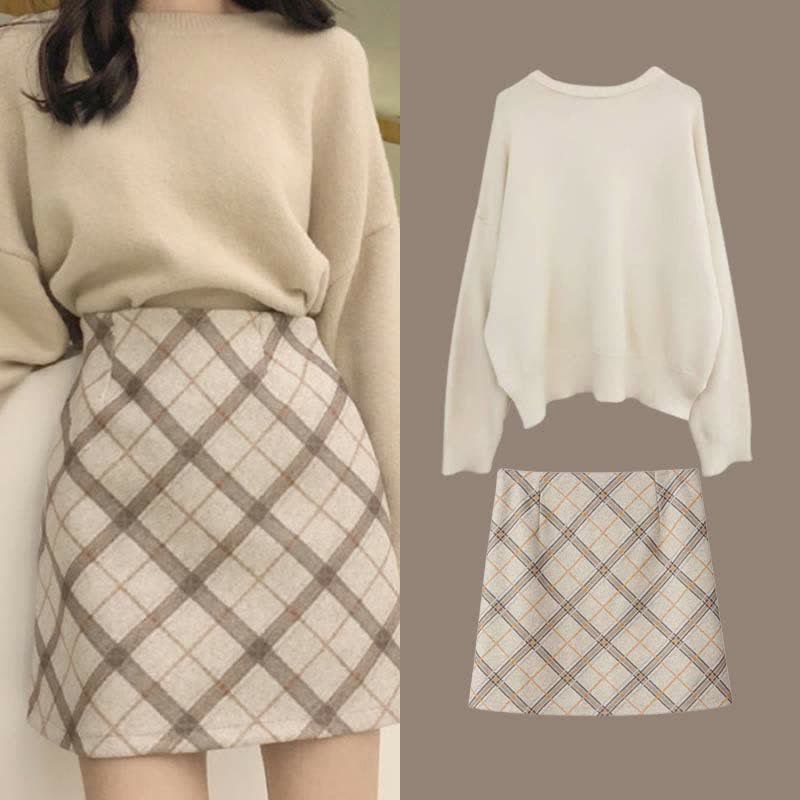Chic Pure Color Knit Sweater Rhombus Print Skirt Two Piece Set - Modakawa Modakawa