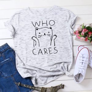 WHO CARES Letter Kitty Print Casual T-Shirt - Modakawa Modakawa